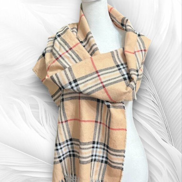 New Beige Plaid Scarf With Fringe Unisex Size: 70 inch - Picture 2 of 4